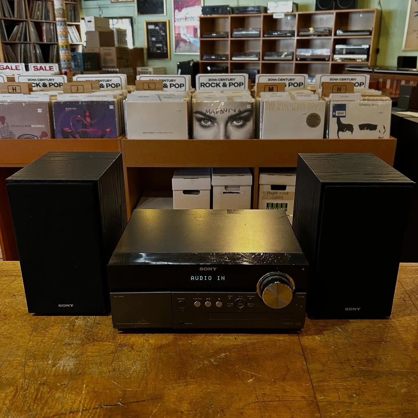 Cool lil stereo setup! 
SONY CD player / tuner / amp &amp; speakers for $75.

Sounds good and has a line input for your phone or turntable w/ preamp. Also has an old school iPod dock (untested) in case you got that 25 year old joint in a drawer somew