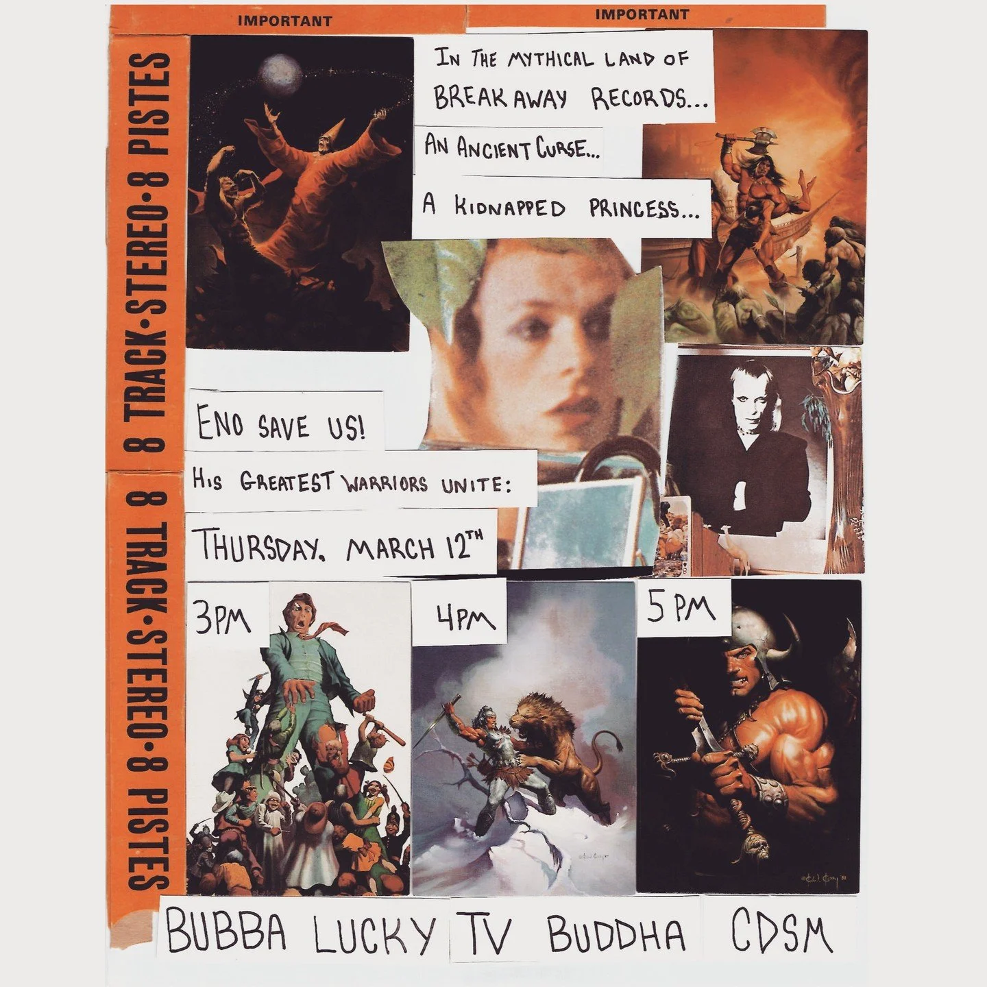 THURSDAY, MARCH 12th

Three of the world's most exciting bands gather for a FREE performance at Breakaway Records.

3PM - Bubba Lucky (Austin, TX)
4PM - TV Buddha (Chicago, IL)
5PM - CDSM (Atlanta, GA)

Free entry and free refreshments.