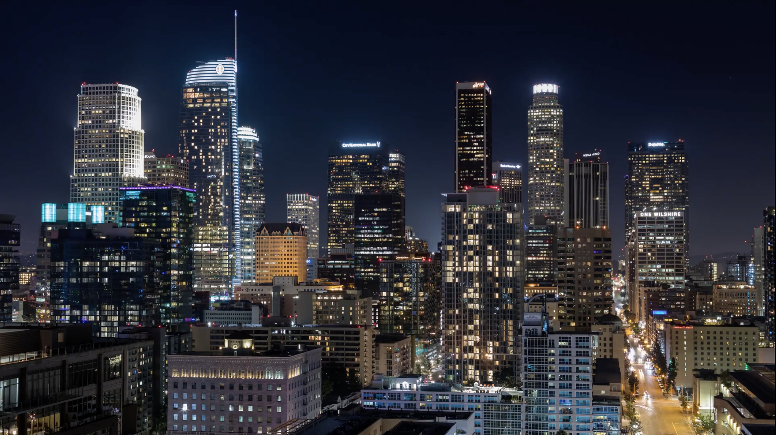 4k Downtown Los Angeles Buildings Skyline At Night Tilting Up