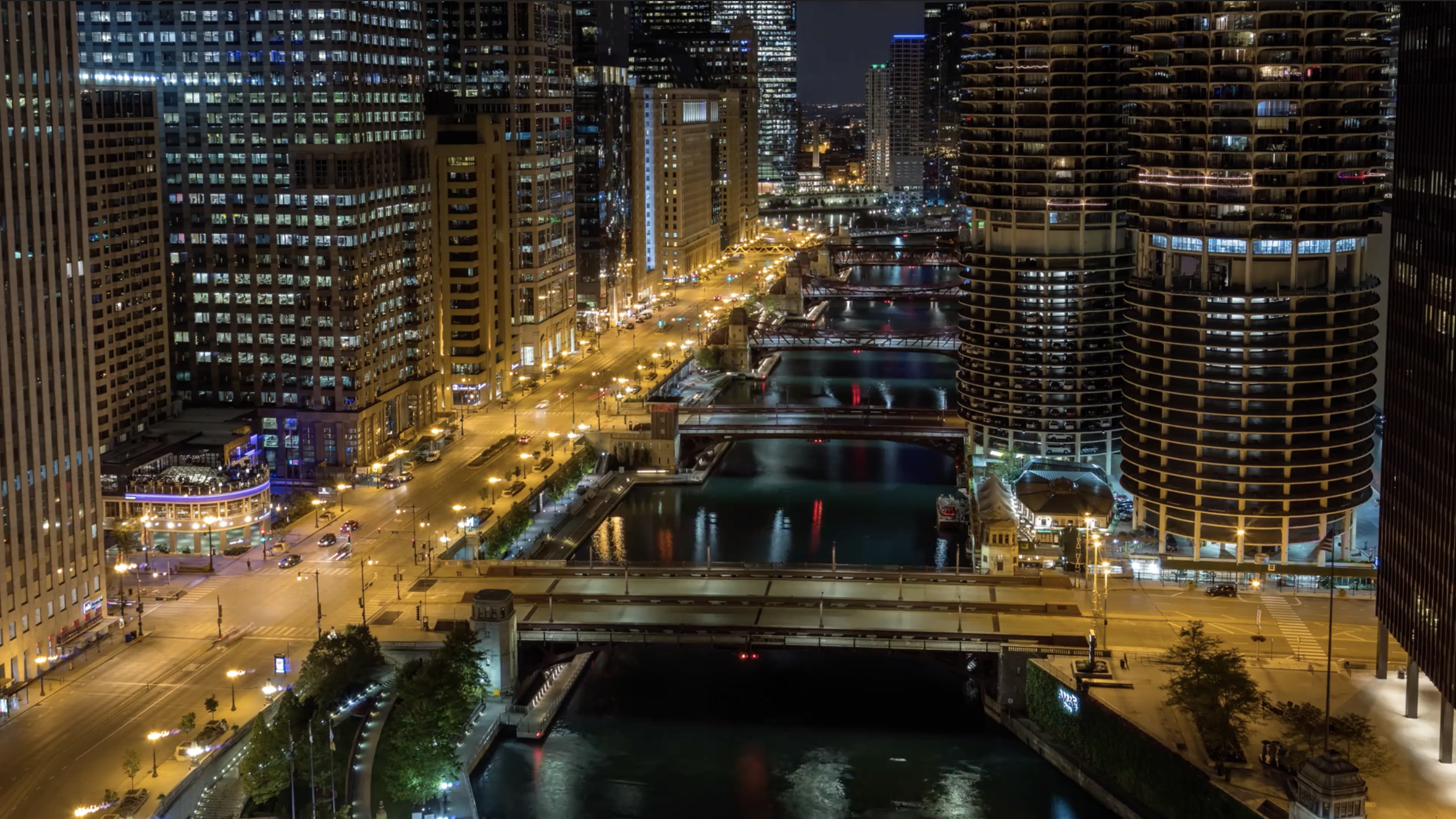 Chicago River and Traffic at Night Aerial.png