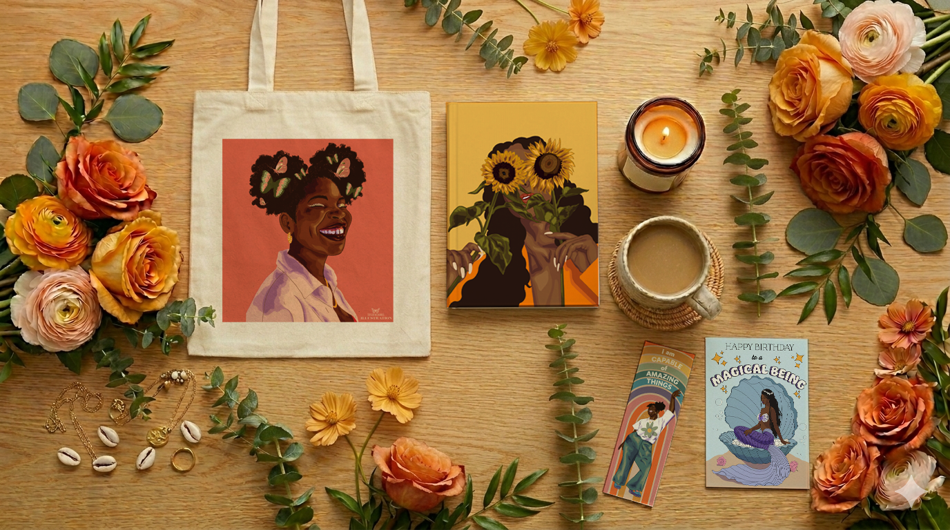A flat lay of various decorative items on a wooden surface, including a tote bag, two books, candles, a mug of coffee, jewelry, greeting cards, and an arrangement of orange, pink, and yellow roses with green leaves.