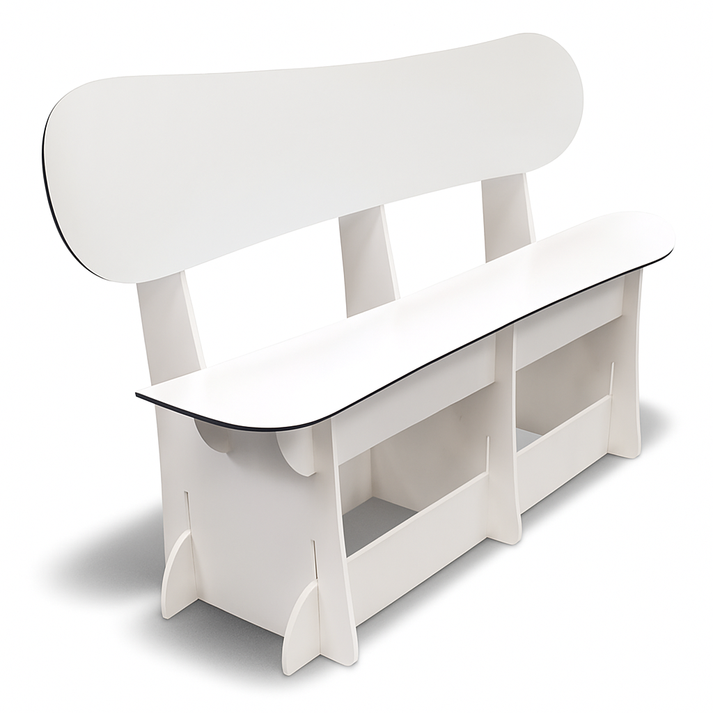 CUSTOMIZED PROMOTIONAL SNOWBOARD BENCH DISPLAY – FLAT-PACK, TOOL-FREE ASSEMBLY