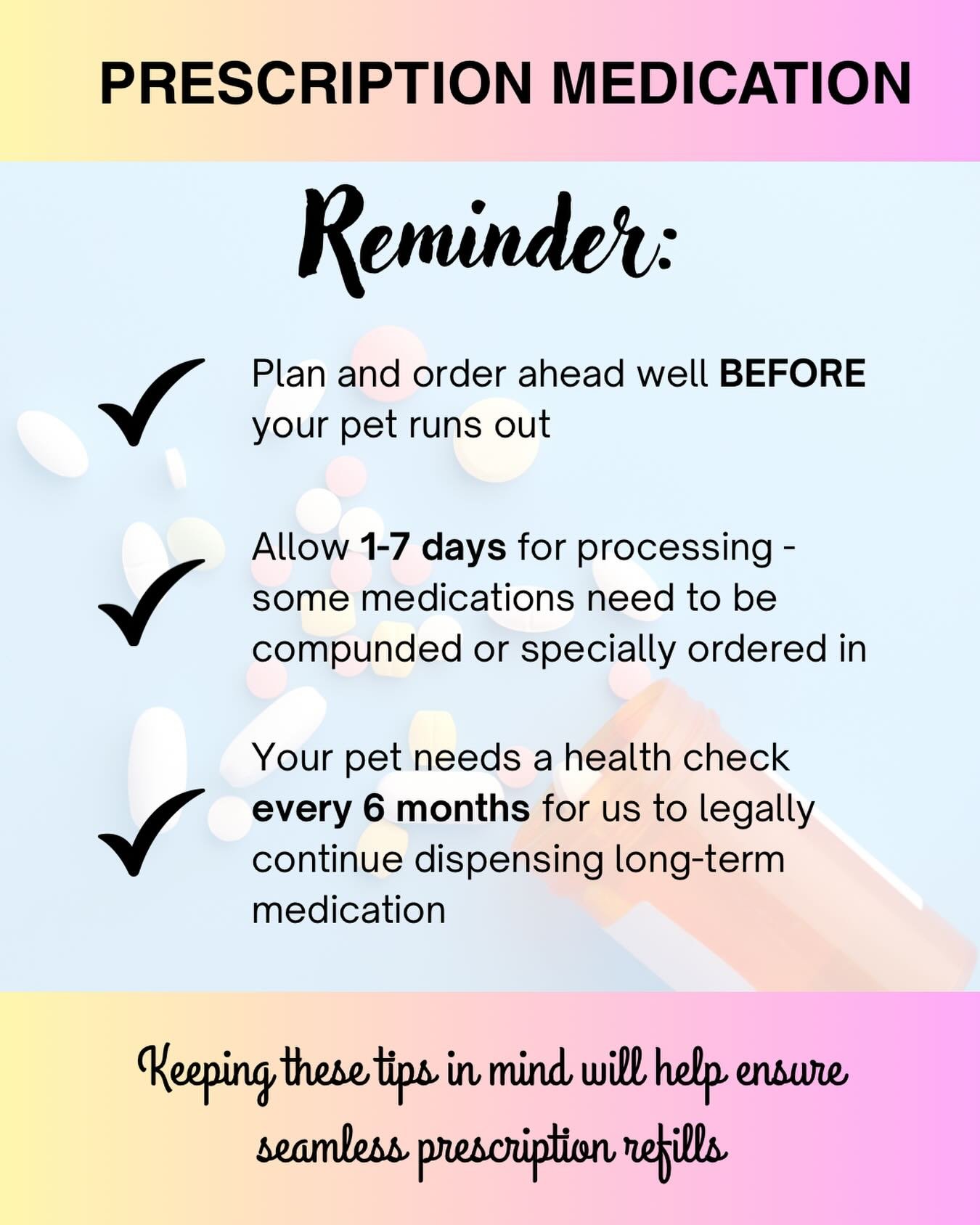 Friendly reminder: to avoid disappointment or interruption to your pet's medical treatment, please plan ahead if you need repeat refills of prescription medication. Giving us a call on 0267667228 BEFORE your pet's medication is due to run out ensures