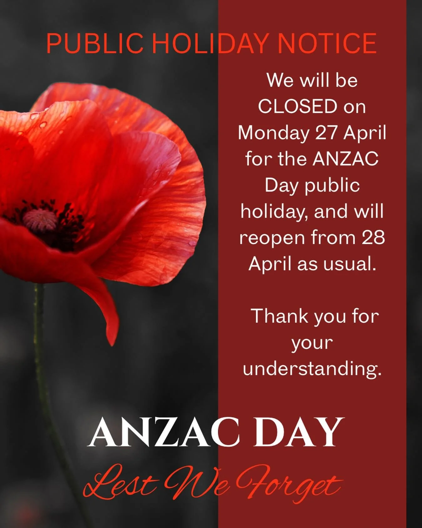 Reminder that we are closed today for the ANZAC day public holiday. Business will resume as normal from 8:30am tomorrow. We hope everyone is having a lovely long weekend 😎🐾🐥