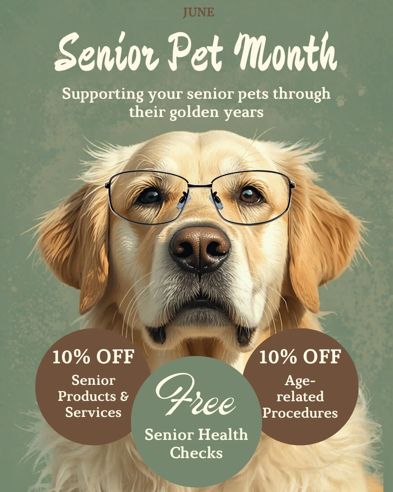 It's Senior month!! For the month of June, enjoy FREE senior health checks as well as discounts on a range of senior products and services. Simply call us on 67667228 to book your FREE health check if you have a senior pet ☺️