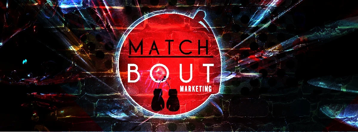 Neon-lit logo for Match Bout Marketing featuring a boxing glove outline and the words 'MATCH BOUT MARKETING' inside a glowing red circle.