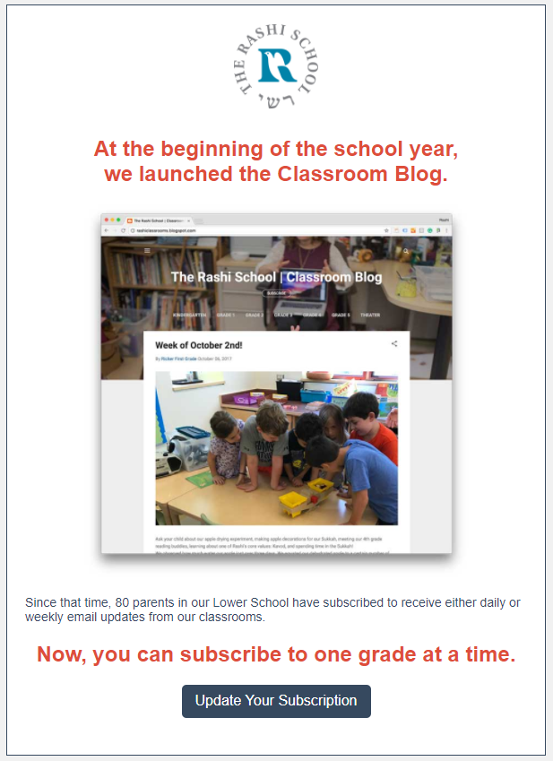 When it became available in early October, I sent a stand-alone message to parents inviting them to subscribe to our grade-level feeds. I included information about the number of families that had already subscribed to the blog to reinforce the buzz