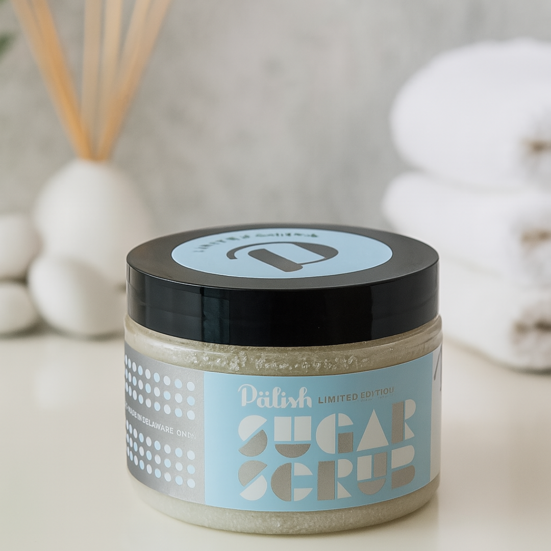 Spa like sugar scrub made with organic coconut oil and lavender essential oil made in the u.s. by palish natural skincare in ohio .png