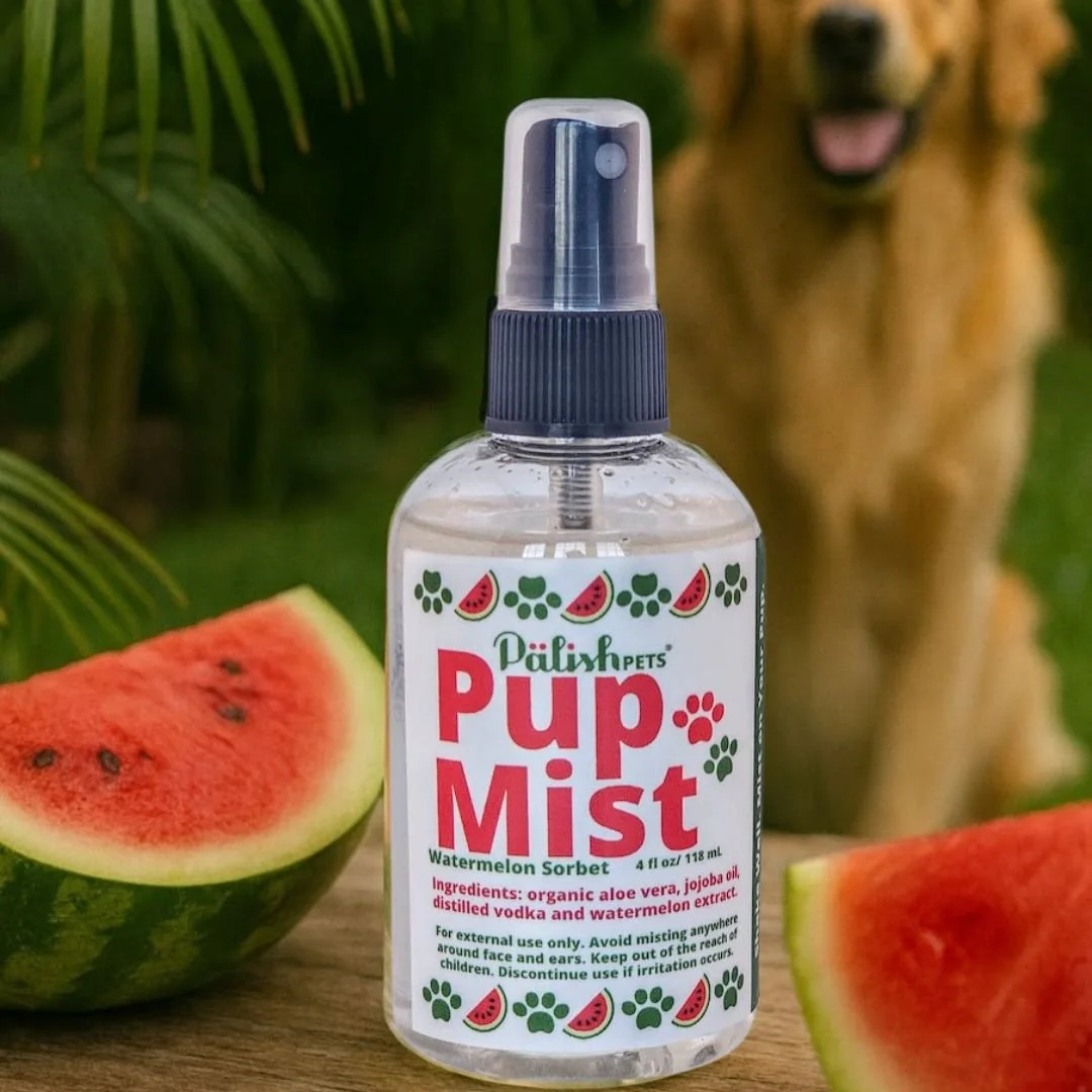 a dog sits behind the pup mist made in columbus ohio by palish natural skincare a clean product for your pet.jpg