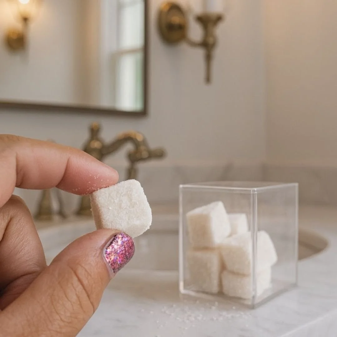 Woman holding Palish facial sugar cubes that are used to wash and exfoliate your face in one step like a step up from plain old soap made in ohio.jpg
