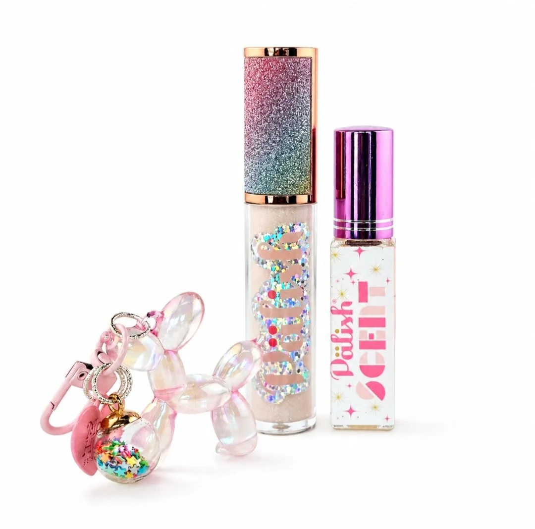 Natural lip gloss and perfume set with cute balloon dog for young skincare by palish in ohio.jpg