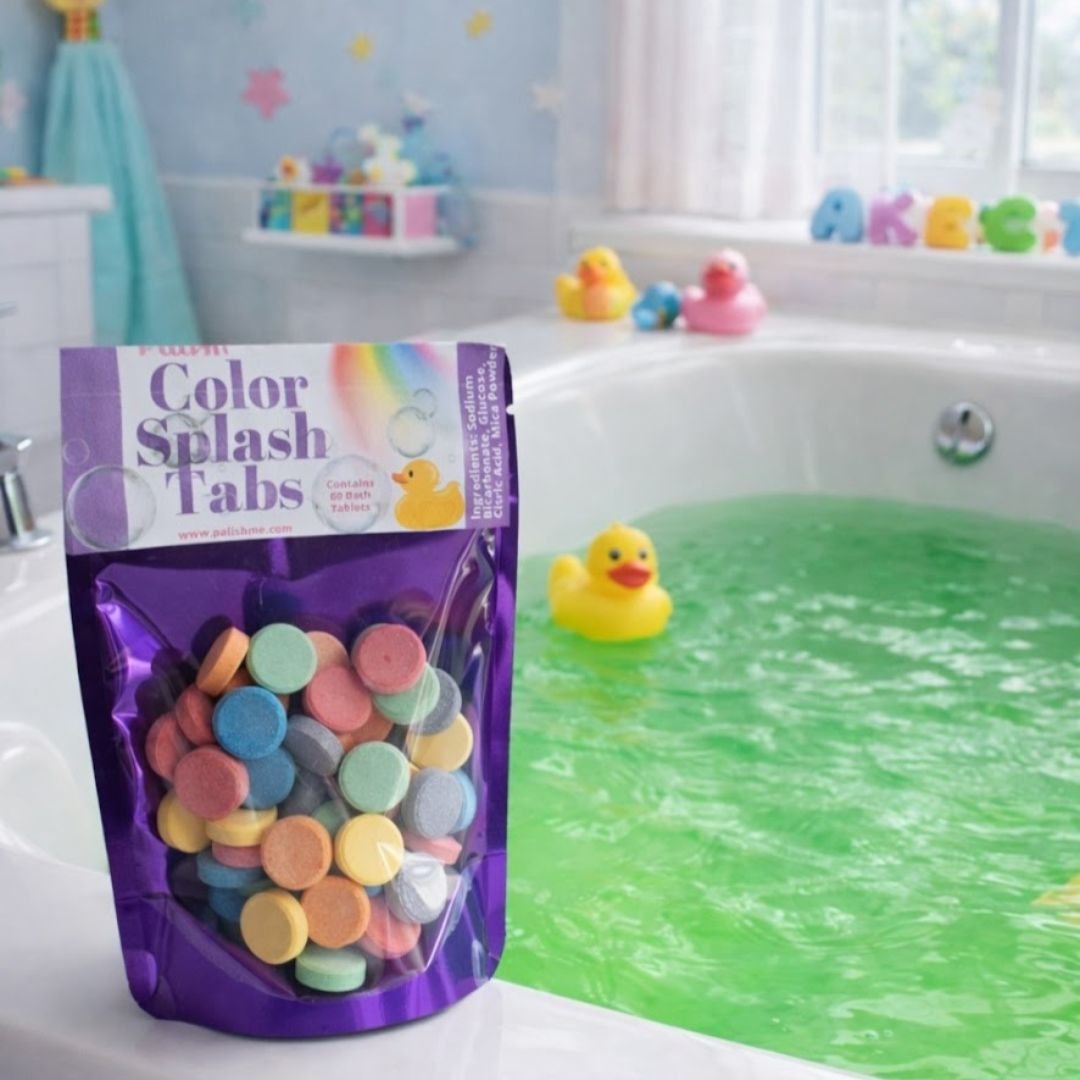 Colorful kids bathroom with palish splash tabs for all natural bath time fun made in ohio .jpg
