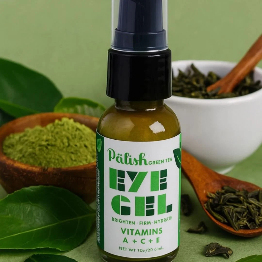 Pälish Green Tea Eye Gel, a brightening, firming, and hydrating formula enriched with vitamins A, C, and E, beautifully styled with fresh green tea leaves and matcha for a natural, refreshing vibe..jpg