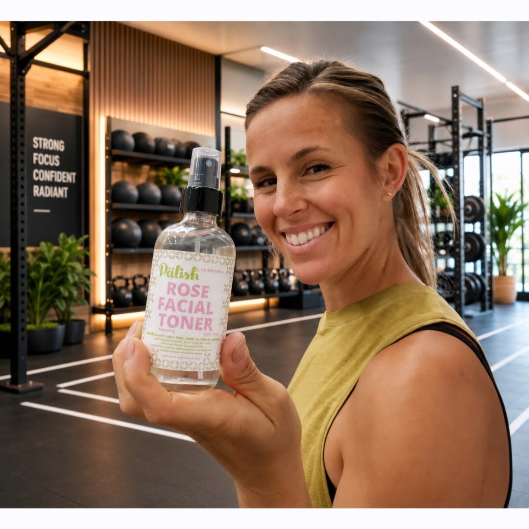 girl holding the rose toner in a modern gym to help keep her skin hydrated and refreshed made in ohio by palish natural skincare.jpg