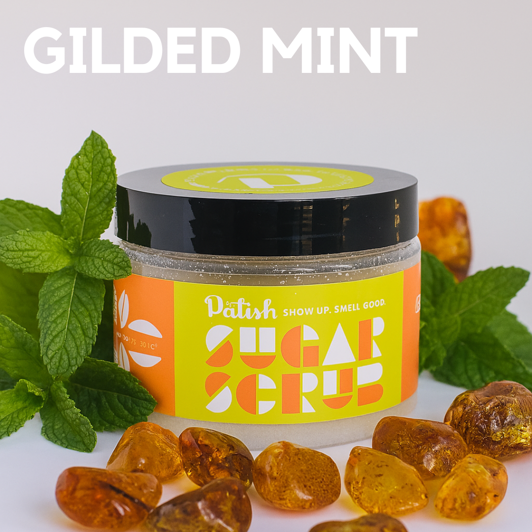 Amber and mint blended together create the glided mint sugar scrub by palish natural skincare in columbus ohio .png