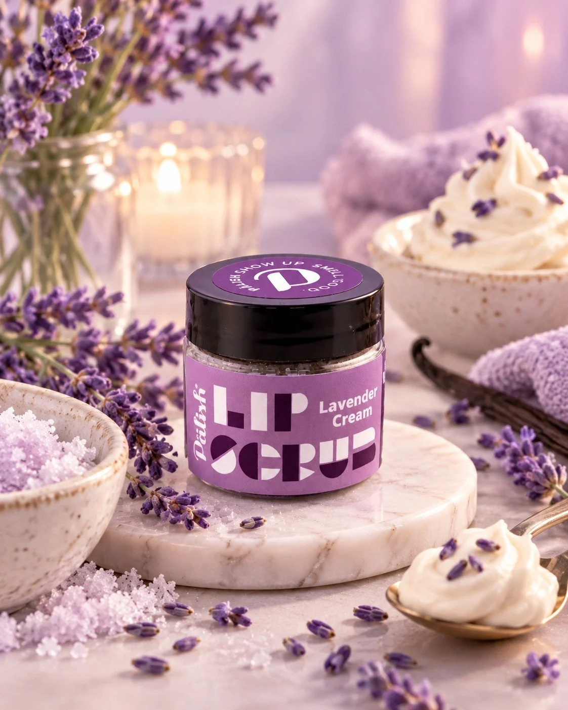lavender cream lip scrub is made by palish with all clean and edible ingredients like vanilla and coconut oil.jpg