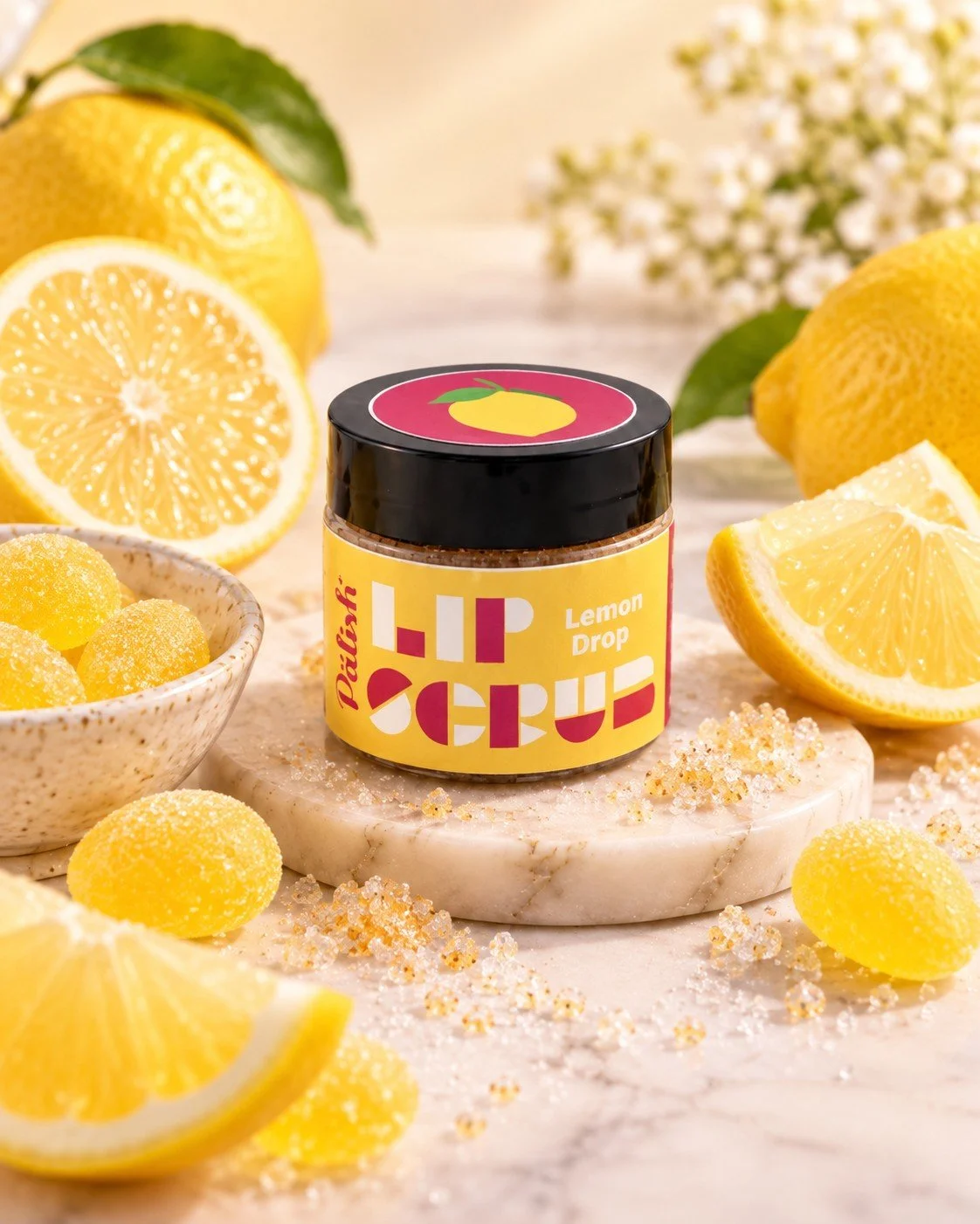 Lemon drop lip scrub is made with clean ingredients like lemon and lemon powder for a tart and hydrating exfoliating lip care.jpg
