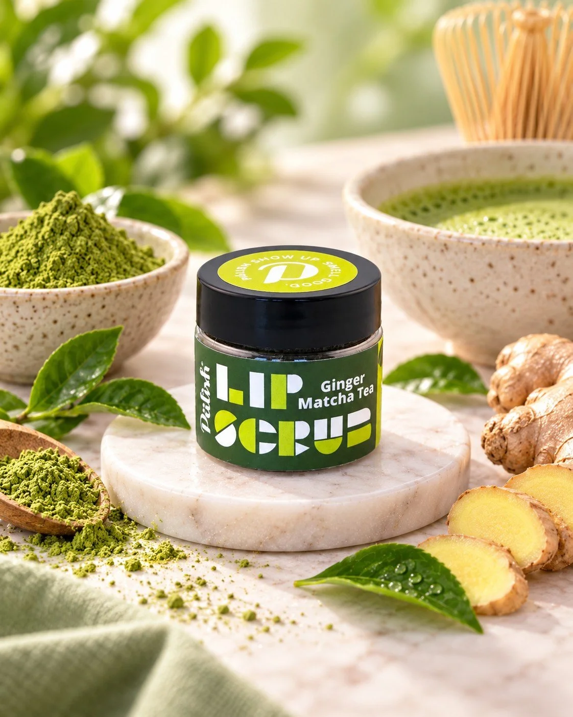 ginger and matcha green tea in a lip scrub made with clean ingredients by palish natural skincare in columbus ohio.jpg