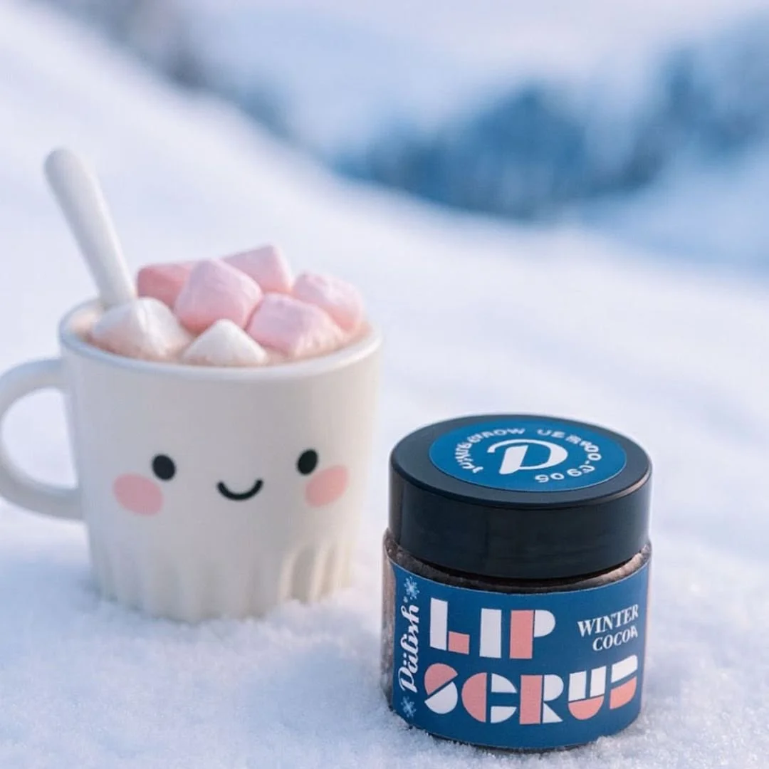 Chocolate lip scrub by palish in the snow with a cute cup of hot cocoa is made with real clean ingredients in ohio by palish natural skincare.jpg