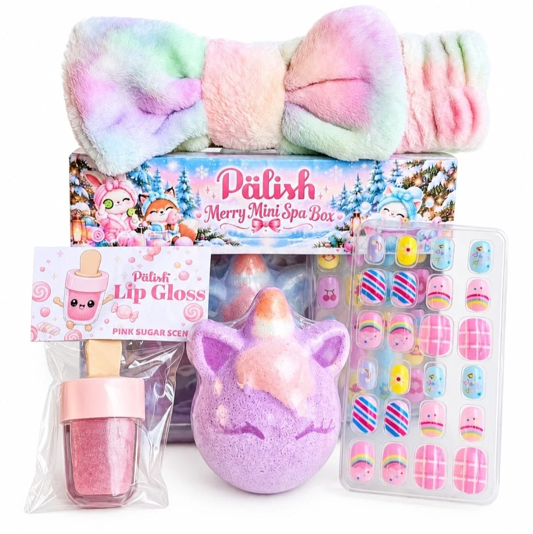Merry mini spa kit with natural bath bomb and lip gloss and headband and stick on nails by palish in columbus ohio.jpg