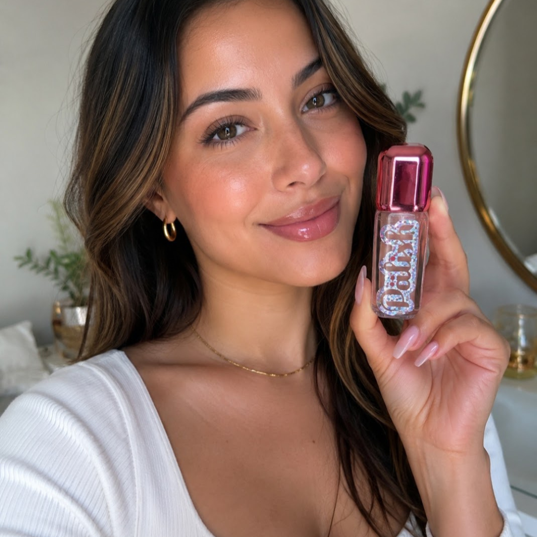 Woman holding the 100% natural lip gloss made with raw honey and vitamin E by palish natural skincare.png