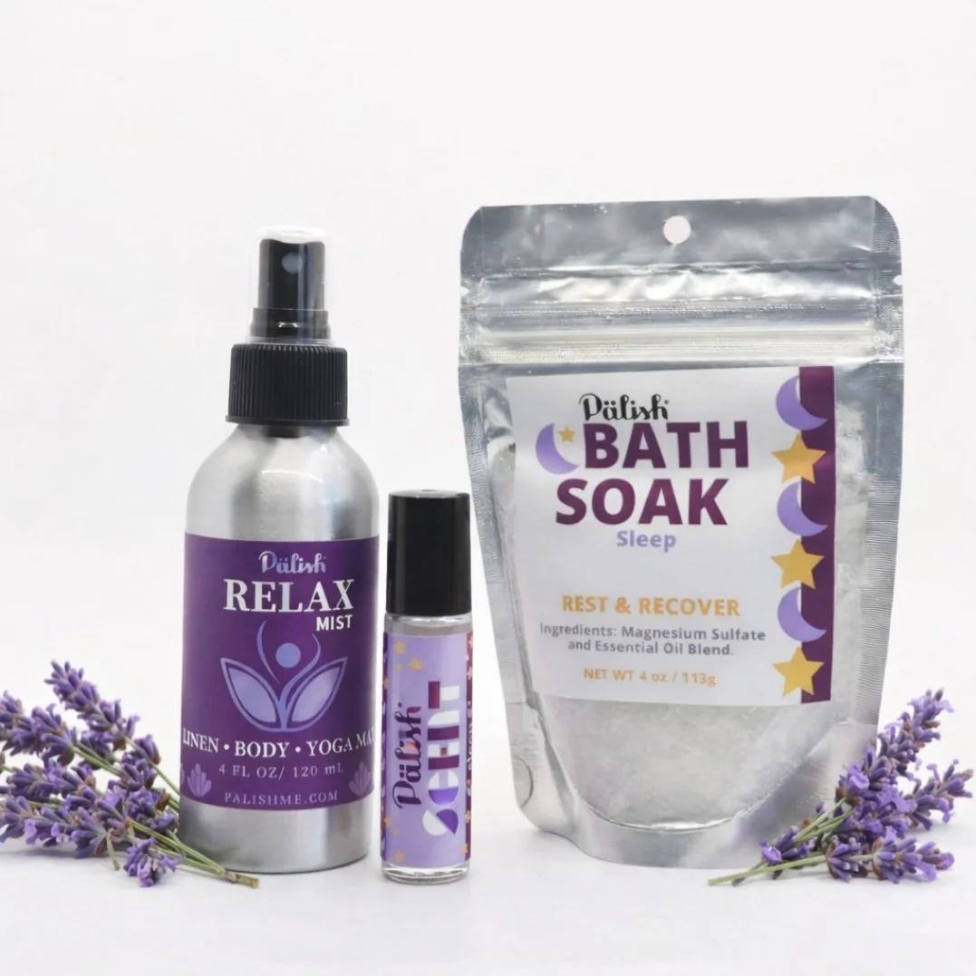 lavender aromatherapy set includes a linent mist, bath salts and a scent roll on made by palish in columbus ohio.jpg