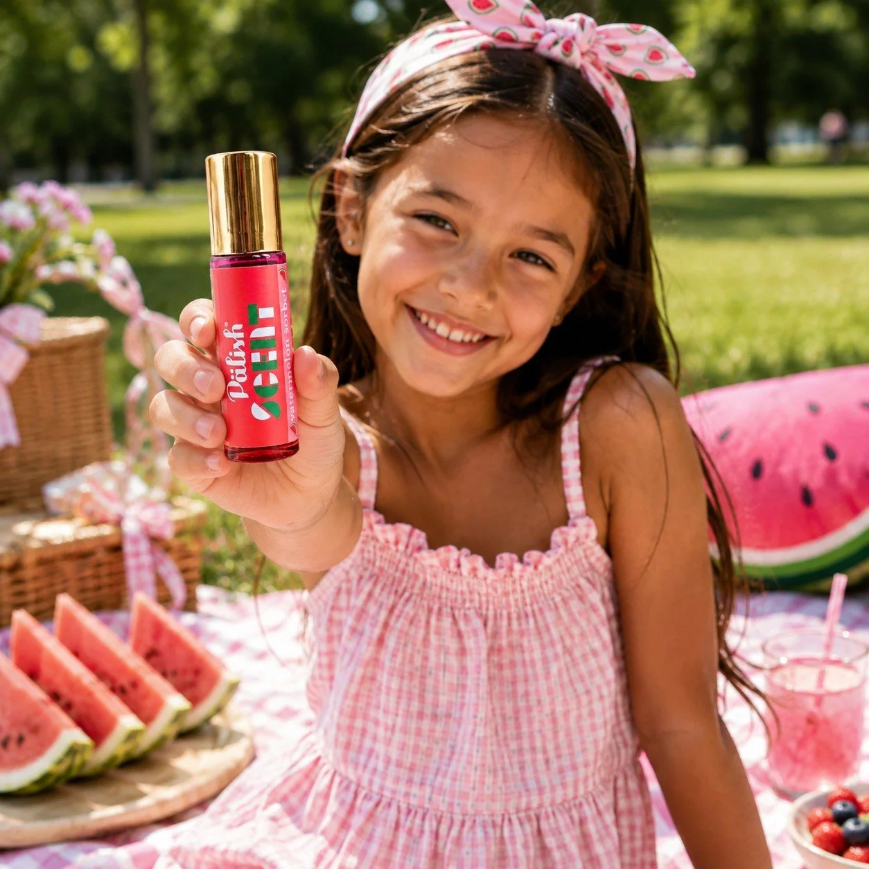 girl holiding the watermelon scent perfume at a fun picnic for fun summer scents all year long.jpg