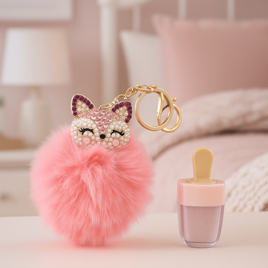 Adorable lip gloss made with clean ingredients by palish in ohio now comes with this cute fluffy cat keychain made in ohio.png