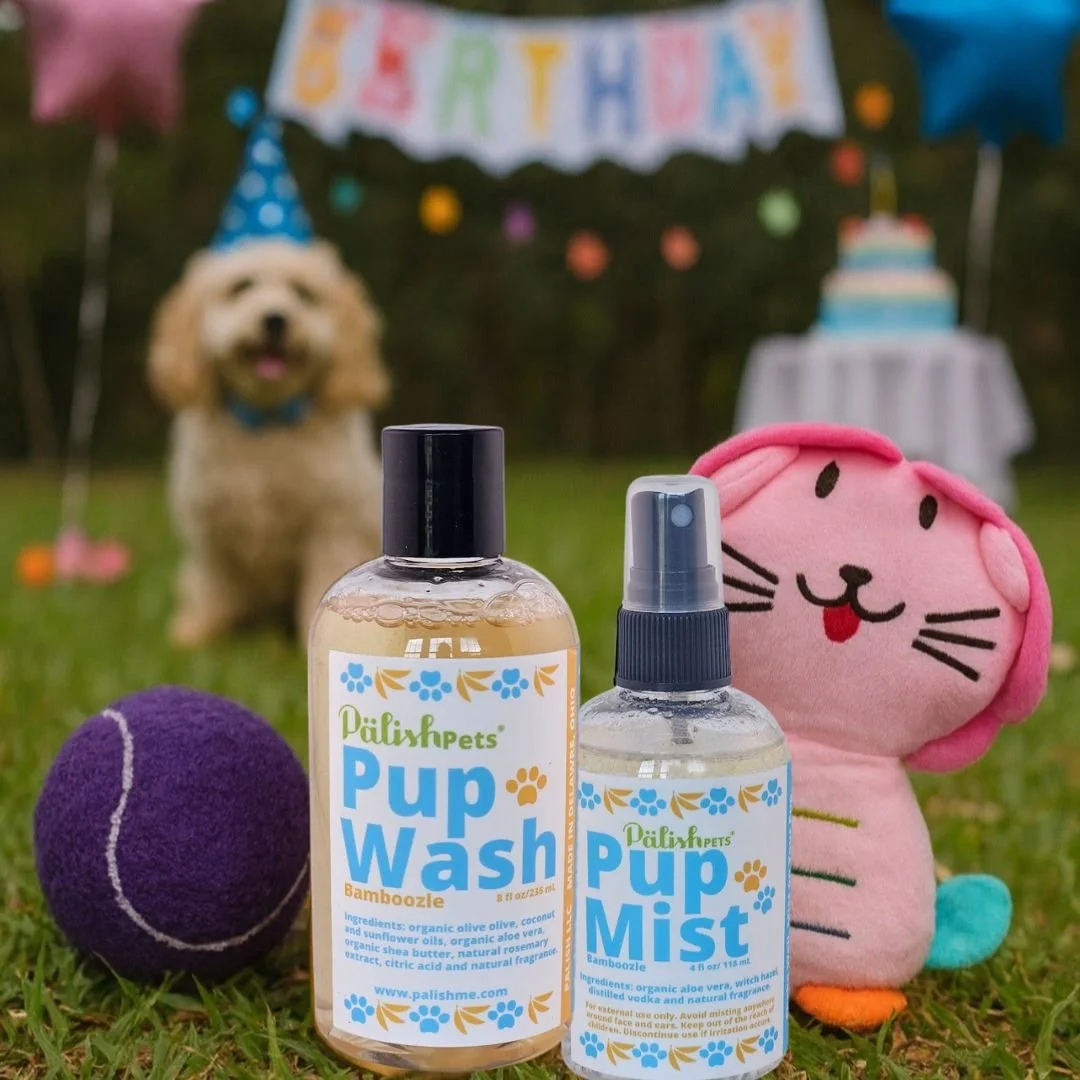 Pet birthday party treats with a home spa kit with a natural shampoo and a natural pup mist for in between those baths by palish in columbus .jpg