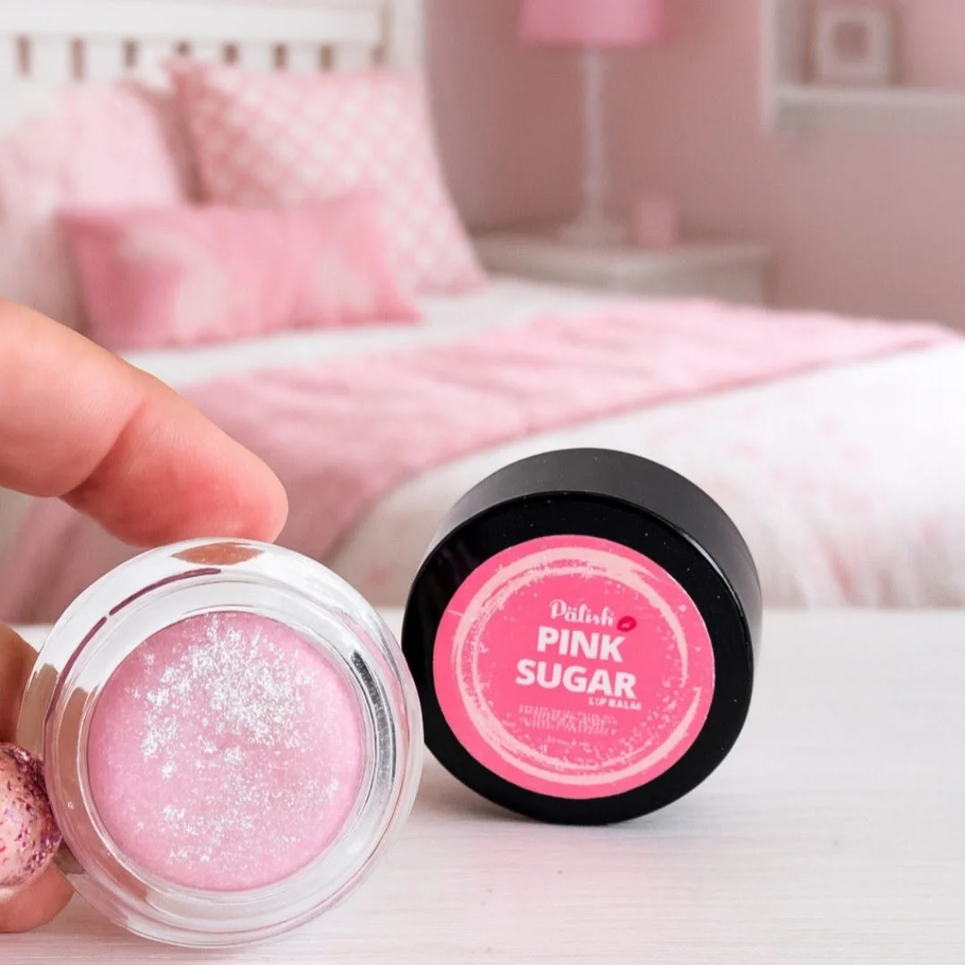 Lip balm with glitter and scented with pink sugar for a sweet lip hydrating experience with clean ingredients by palish natural skincare in columbus ohio.jpg