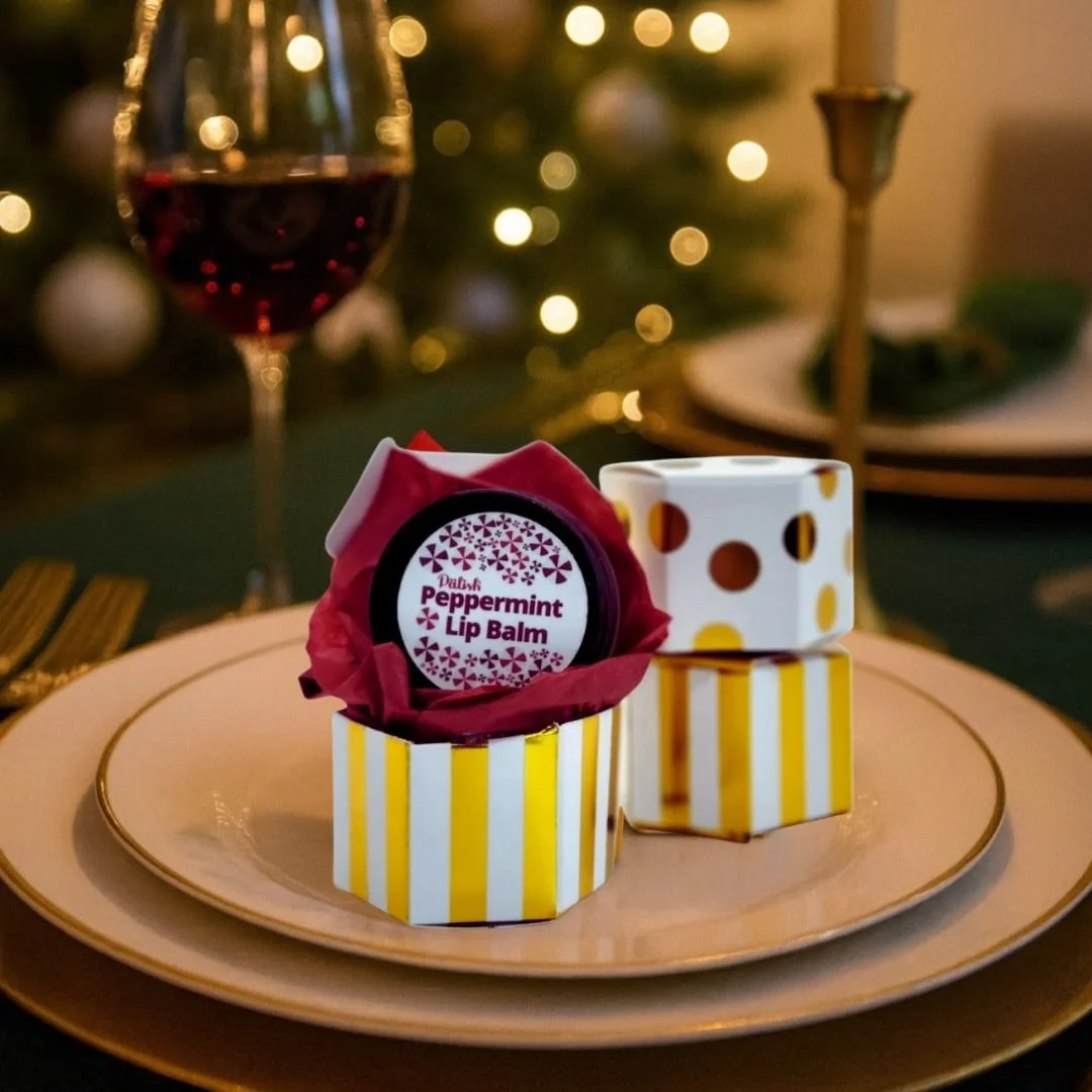 Mini holiday favors for dinner parties by palish in columbus ohio the peppermint lip balm in a cute box is ready to gift and perfect for stockings.jpg
