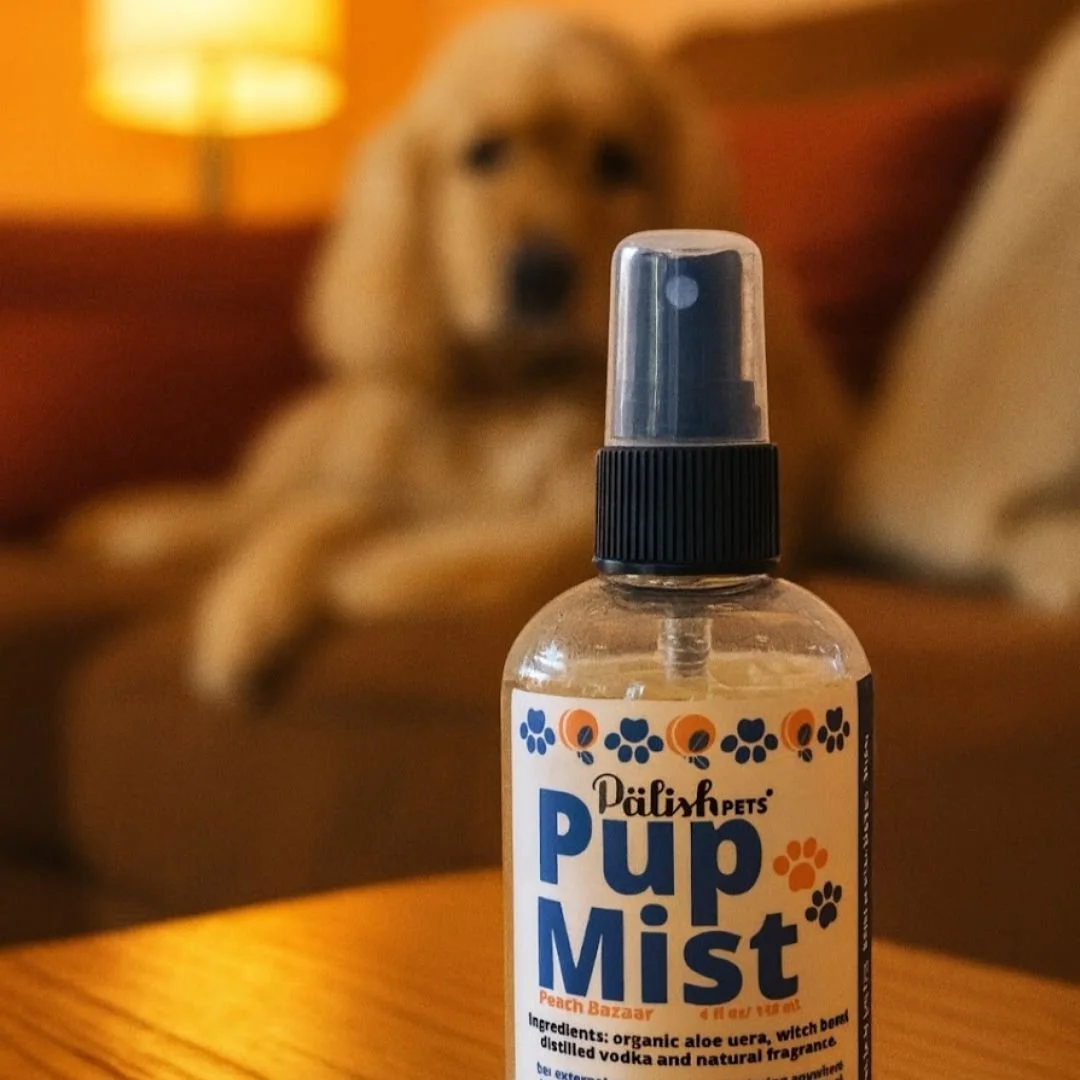 dog sitting on the couch in front of the palish pup mist making him smell great with a clean product made in ohio .jpg