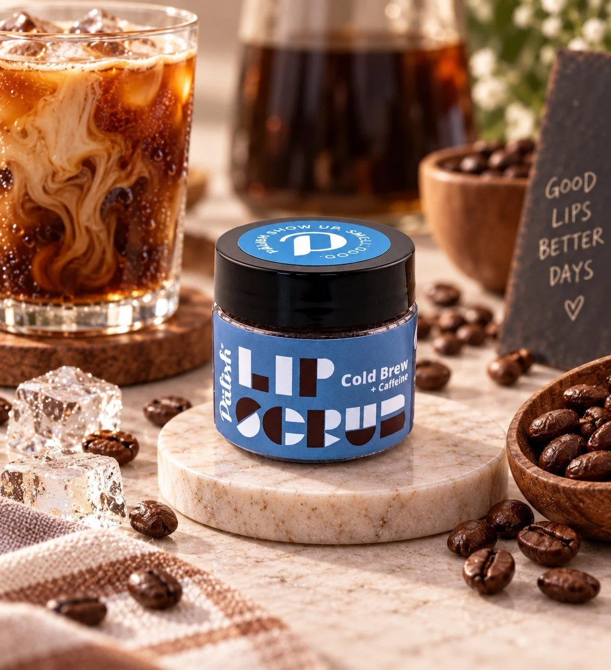 cold brew lip scrub made with real coffee grounds and vanilla and clean ingredients like shea butter and coconut oil made in ohio by palish .jpg