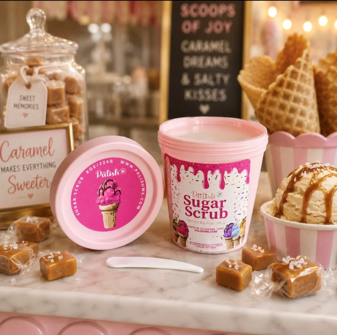 Salted Caramel body sugar scrub by palish and sitting in a super sweet candy shop in Chicago for sweetly hydrated skin.jpg
