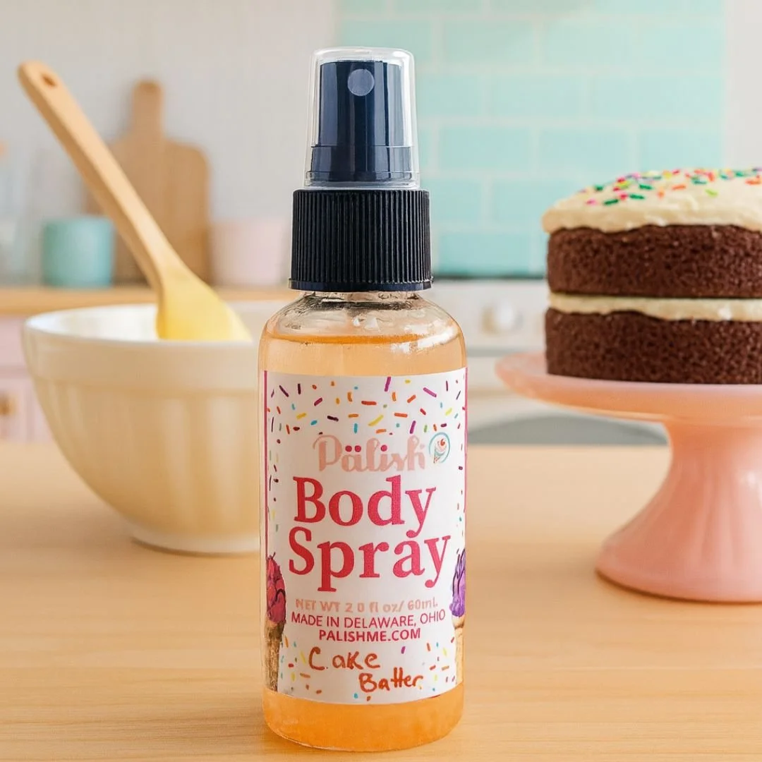 cake batter body spray sitting in a cute kitchen with some cake batter and a cake made with clean ingredients by palish natural skincare in ohio.png