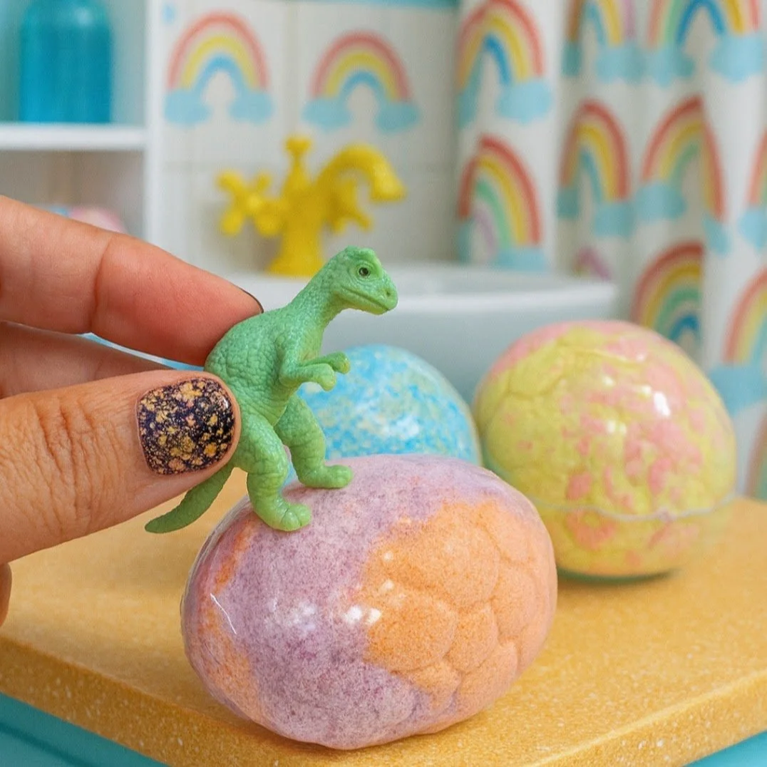 Dinosaur egg bath bombs with a surprise dino inside for fun bathtime with clean ingredients in columbus ohio by palish natural skincare.jpg