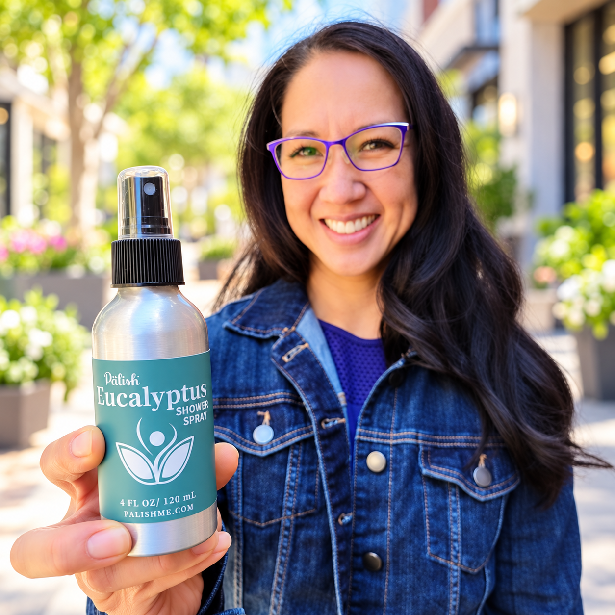 Girl holding the eucalyptus shower spray in dublin ohio made in columbus ohio for aromatherapy wherever you need it turning your shower into a steam room .png