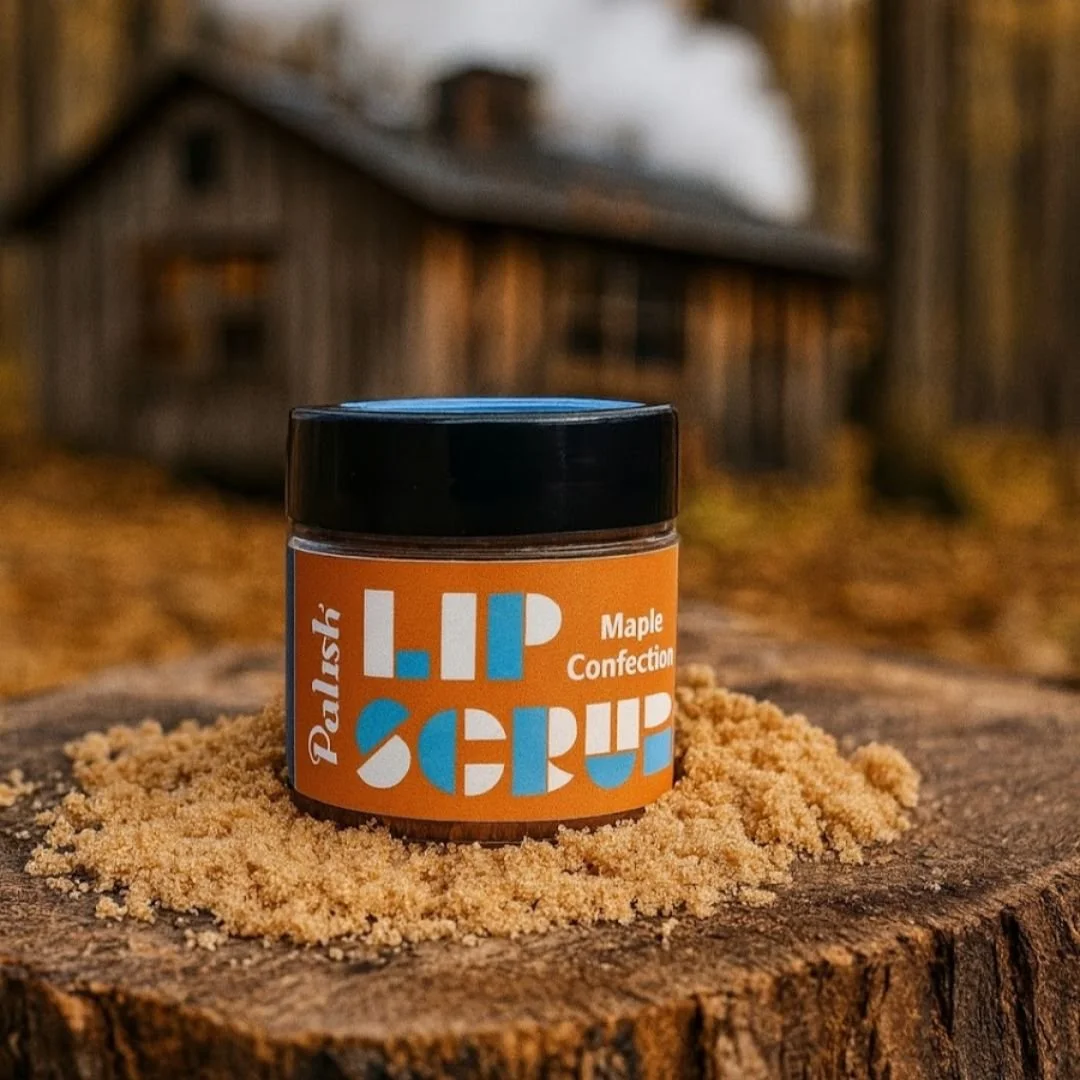 Maple sugar lip scrub in front of a fall cabin made by palish natural skincare in columbus ohio is a natural sweet treat for your lips.jpg