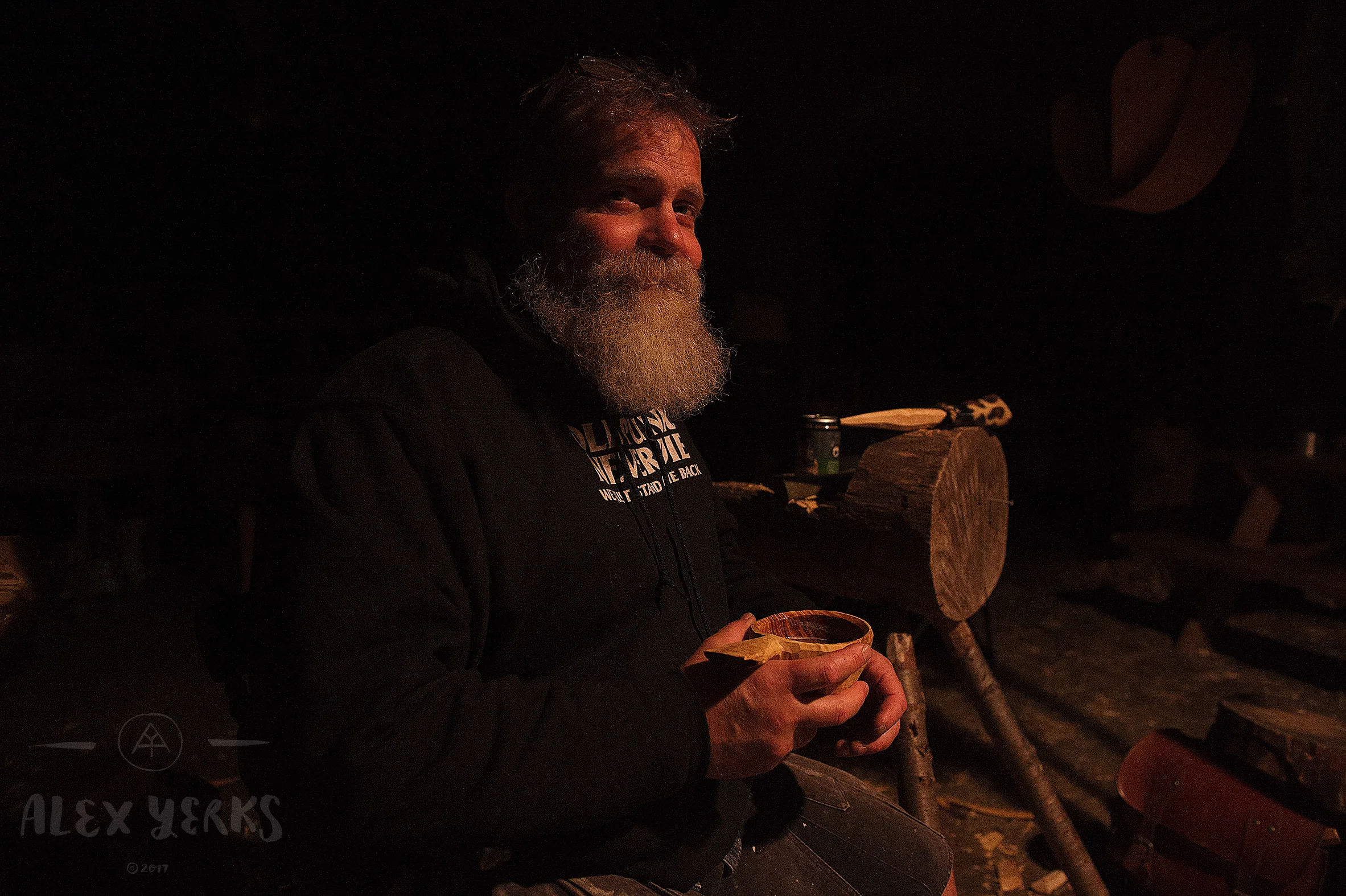 This is Eric from New Jersey. He visited the yurt last spring to take a kuksa course up in the Catskills where I lived at the time. He's been carving up a whole bunch of nice cups. It's good to test the latest ones with ale. Key research and development here.