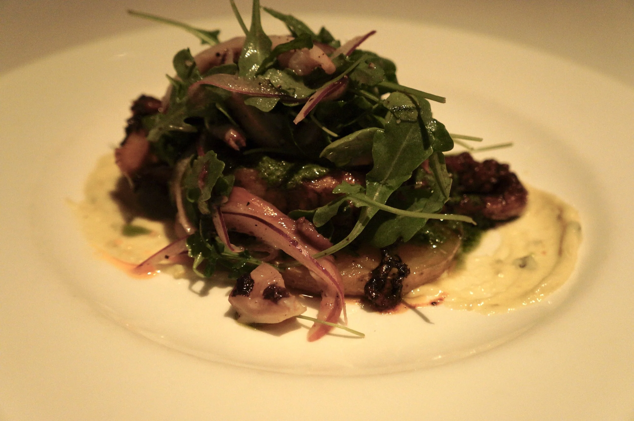 Polpo alla Griglia Wood grilled octopus with olive oil braised potatoes, salsa verde, Tonnato sauce and arugula pickled red onion insalatina