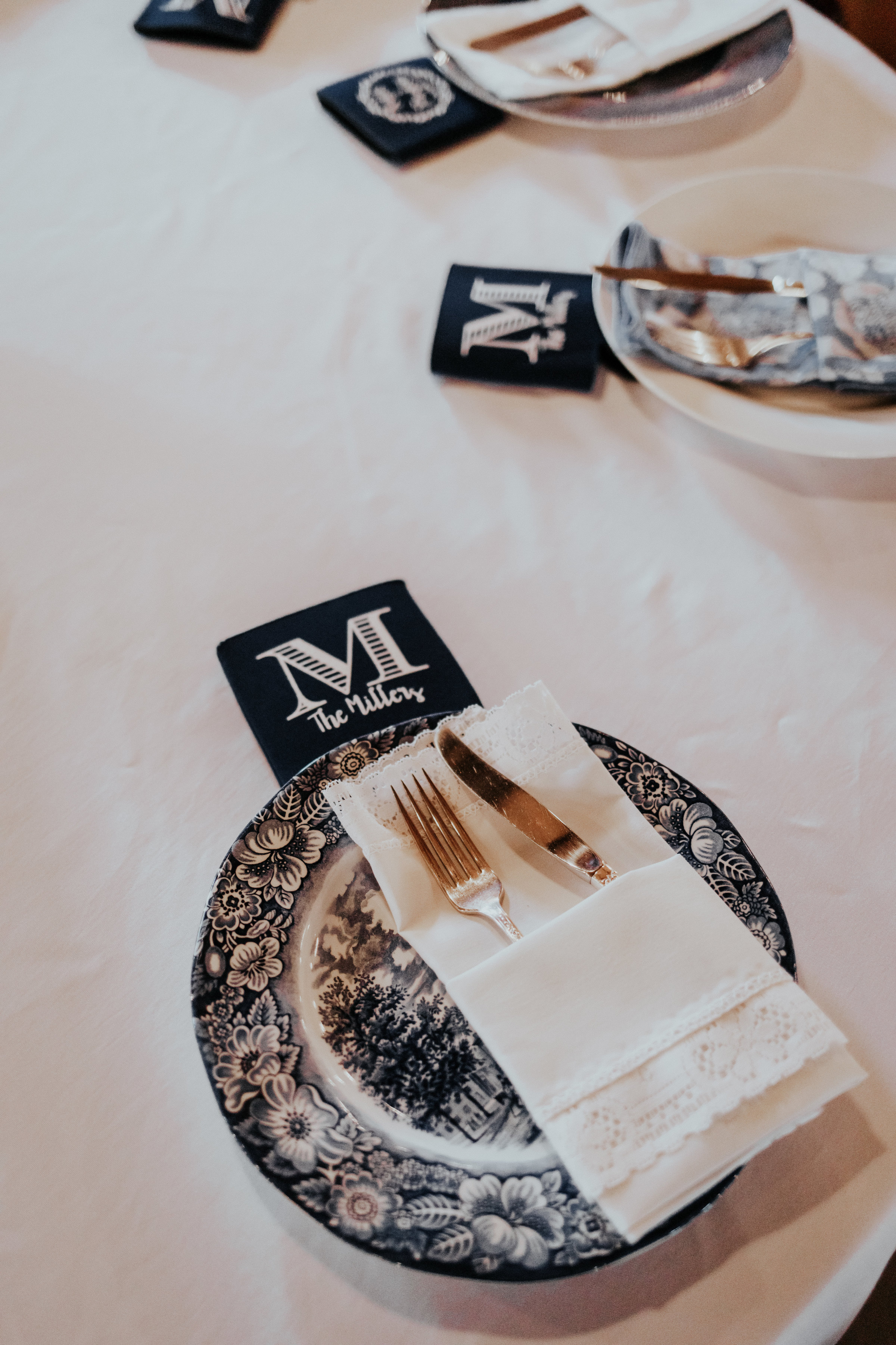 Every place setting was special and unique. White and blue mix matched plates came from family members along with the napkins and silverware. 