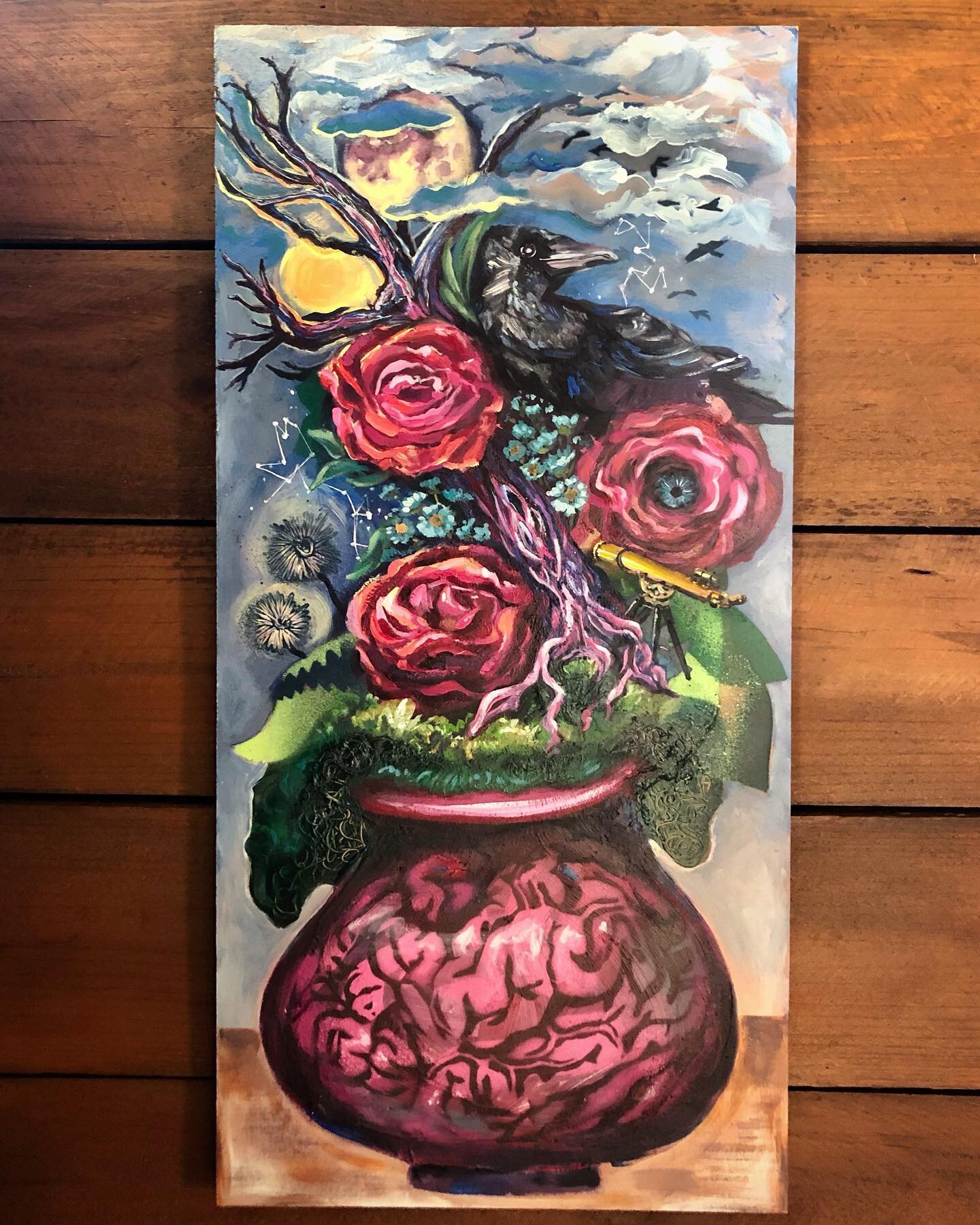 Tried out a surreal approach to the bouquets, for a Crow themed show. It&rsquo;s a start.

#crow #abstractarrangement #roses #hiddeneye #telescope #constellation #brain #obscurity #themind