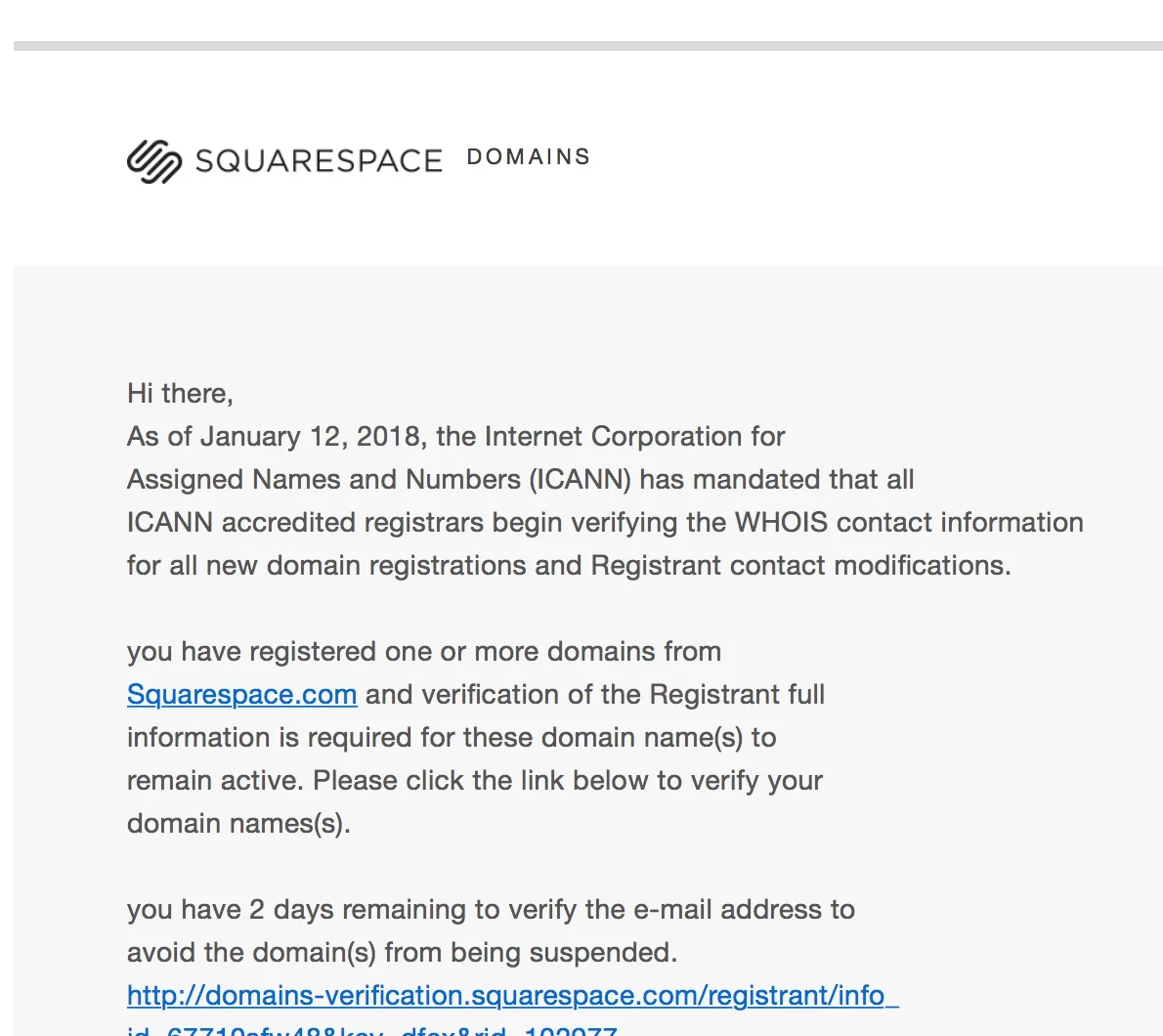 Screenshot of a fake spam email posing as Squarespace.