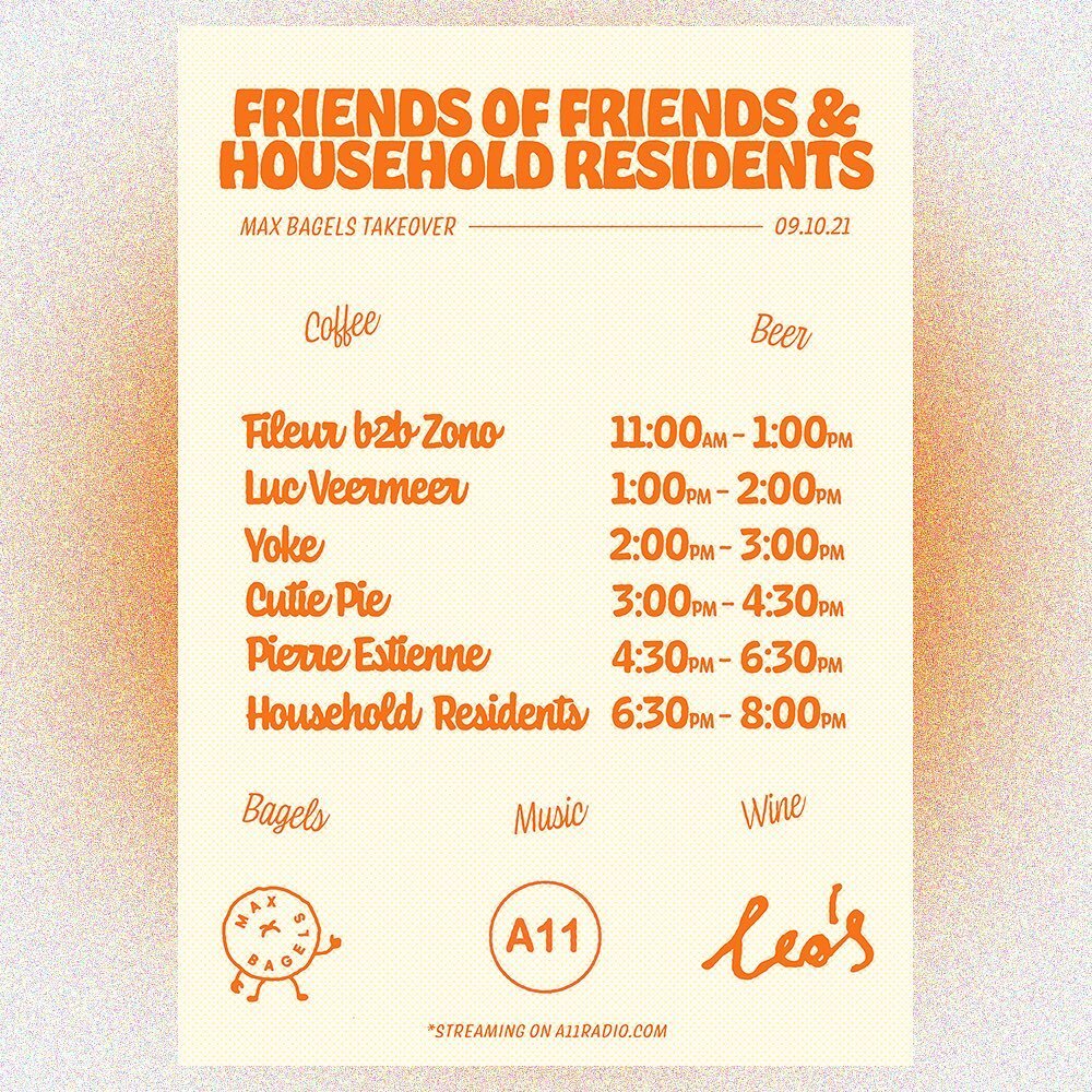 NEWS:

@a11agency is back streaming live from the bagel shop this Saturday as @friendsoffriendsza &amp; @householdresidents takeover the space with a killer lineup of live DJs incl. @luc_veermeer and @pierrestienne . Aftenoon heading into early eveni