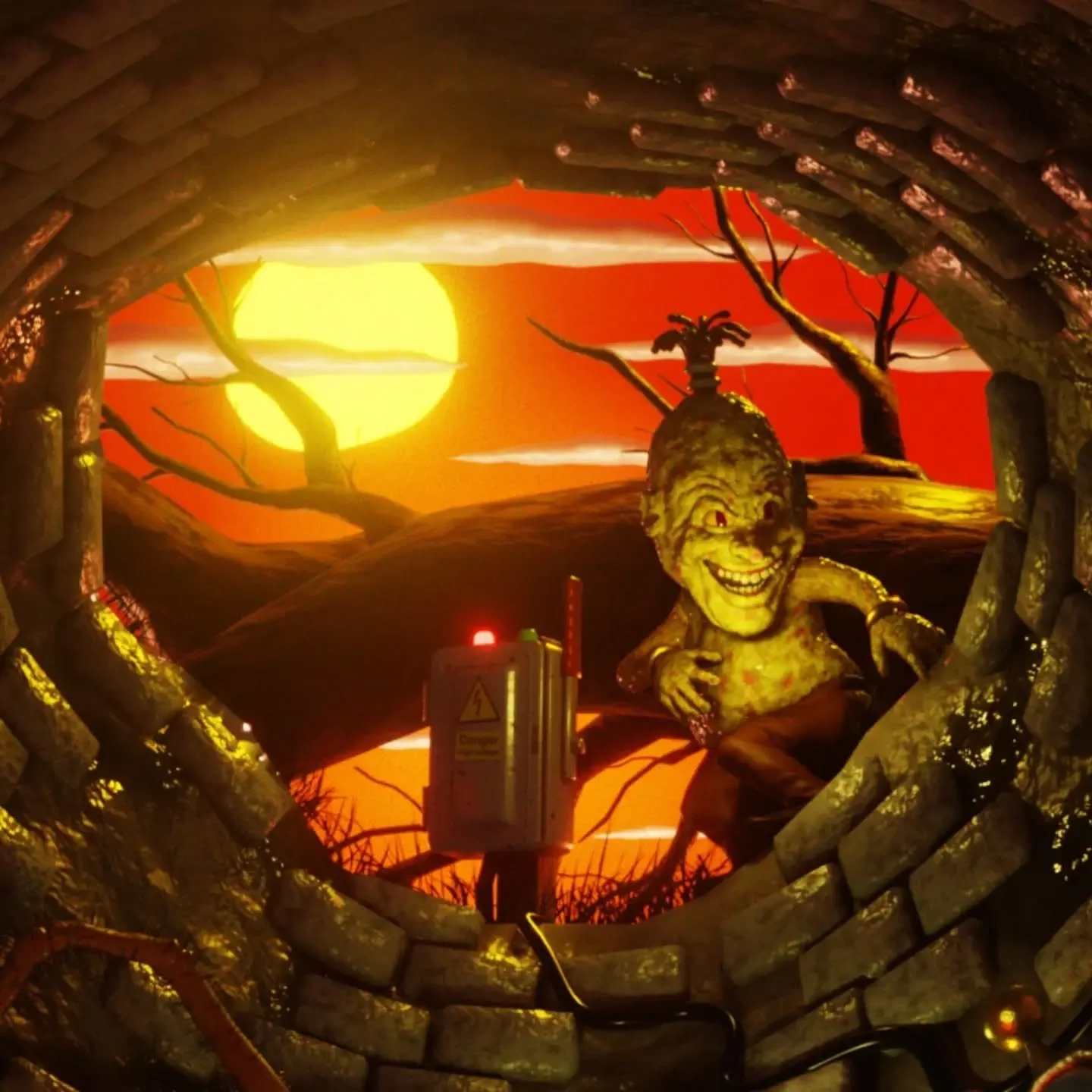 The evil gremlin! + some more of the dungeon scene. Everything was made in Blender, with a big forced perspective cone to give the impression of a deep pit (swipe along to see the zoomed out version)