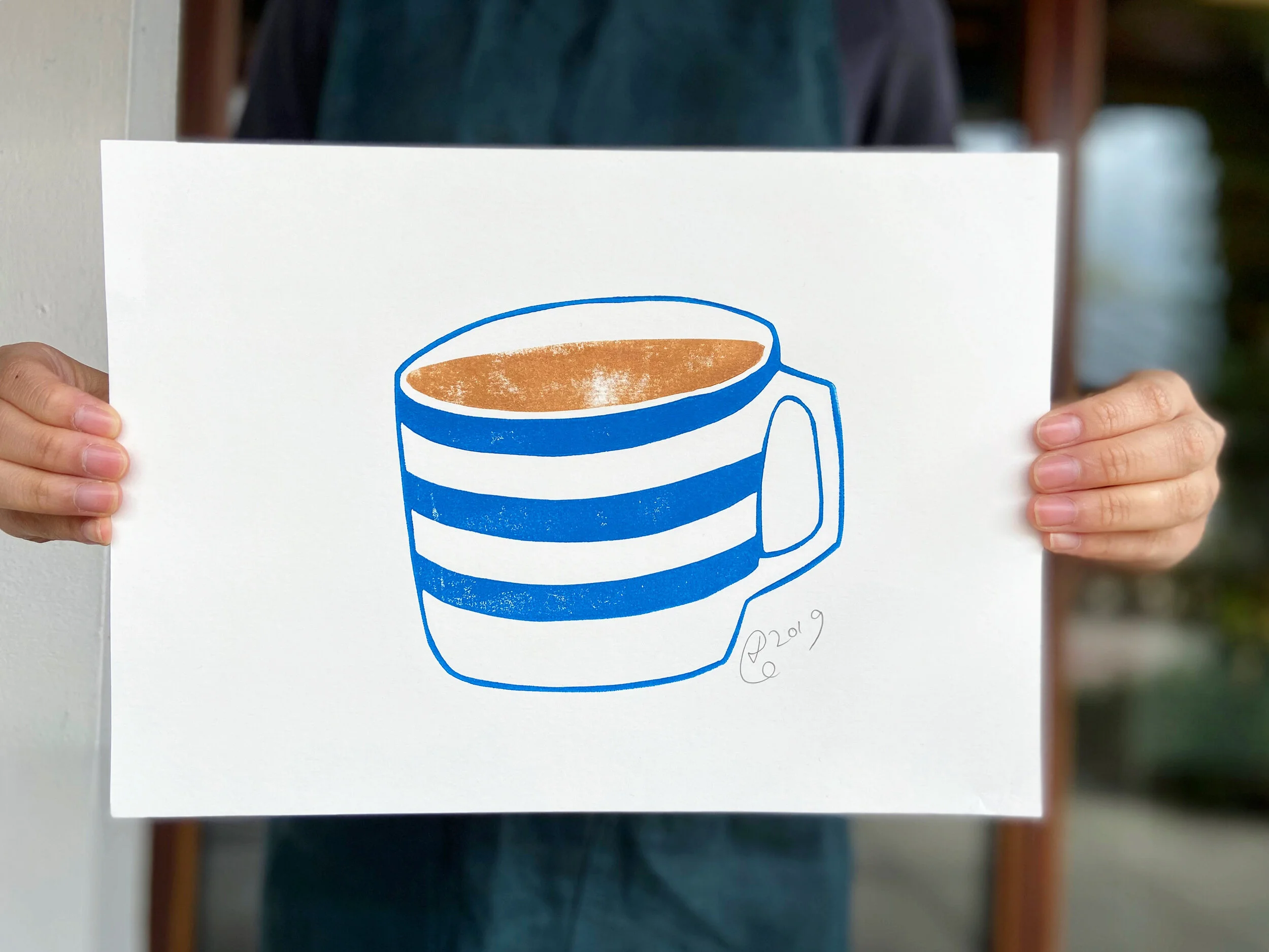 Cup of tea - A4 linoprint (blue)