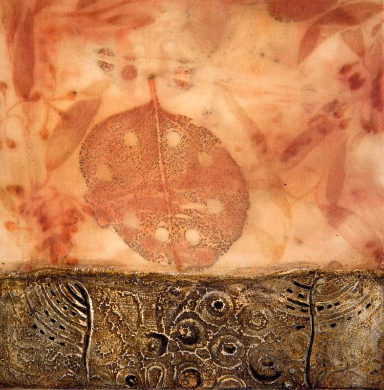 Eco Dye Immersion 3 6" x 6" eco dyed silk and mixed media sample