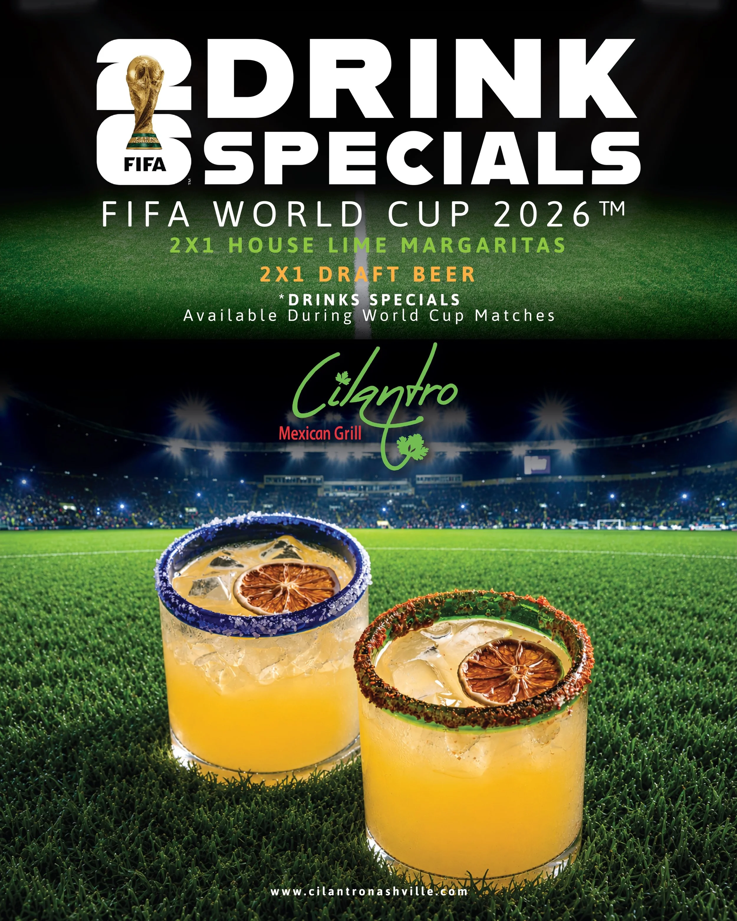 FIFA WORLD CUP 2026 IS HERE ⚽

Watch every match live at Cilantro while enjoying our World Cup drink specials.

🍹 2x1 House Lime Margaritas
🍺 2x1 Draft Beer

Available during World Cup matches.

Bring your friends, grab a drink, and cheer for your 