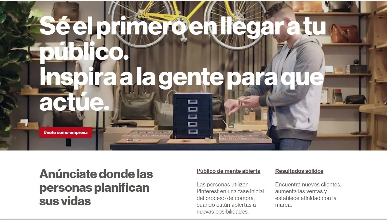 Vista de la página principal de Pinterest Business . ¿Así que sólo era un lugar para subir fotos?