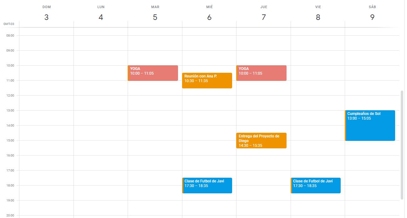 Calendario con Eventos y Actividades Semanales